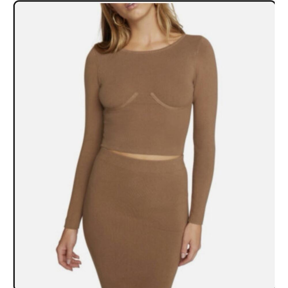 Good American The Cupped Rib Crop Sweater in Taupe Size S 3/4 NWT